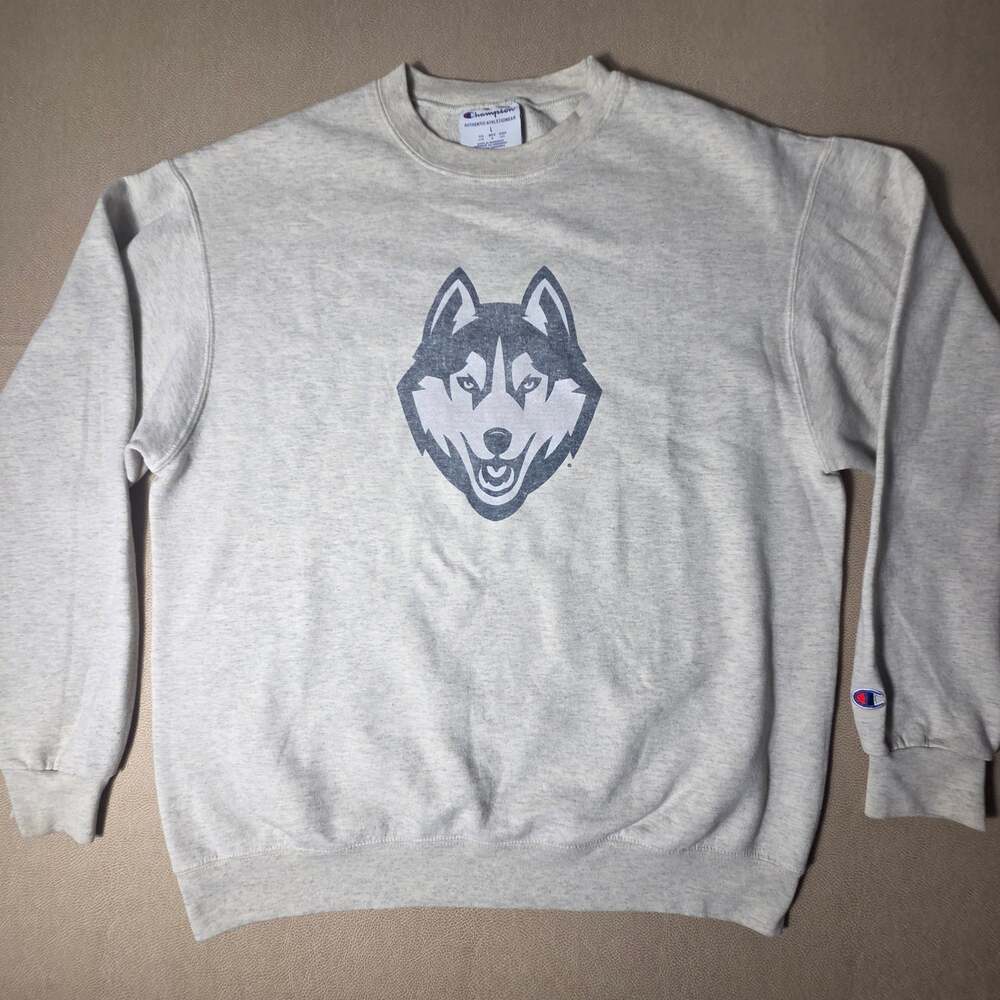Champion UConn Huskies Crewneck Sweatshirt Mens L Large Gray Vintage Mascot Logo